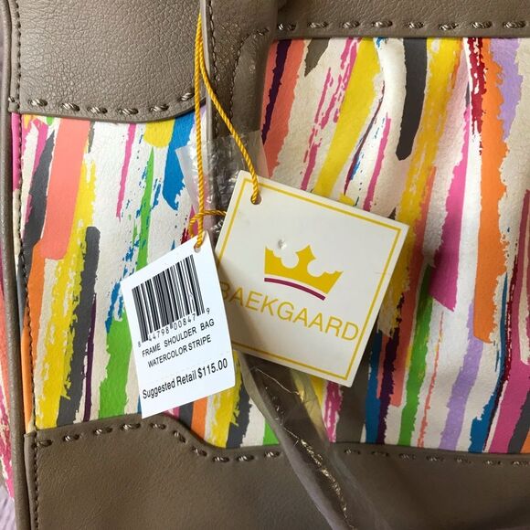 NWT Baekgaard Tan Leather Frame Shoulder Bag Watercolor Stripe Side Pockets - Picture 3 of 11